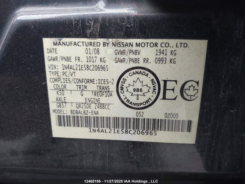 2008 Nissan Altima 2.5 S VIN: 1N4AL21E58C206965 Lot: 12465186X