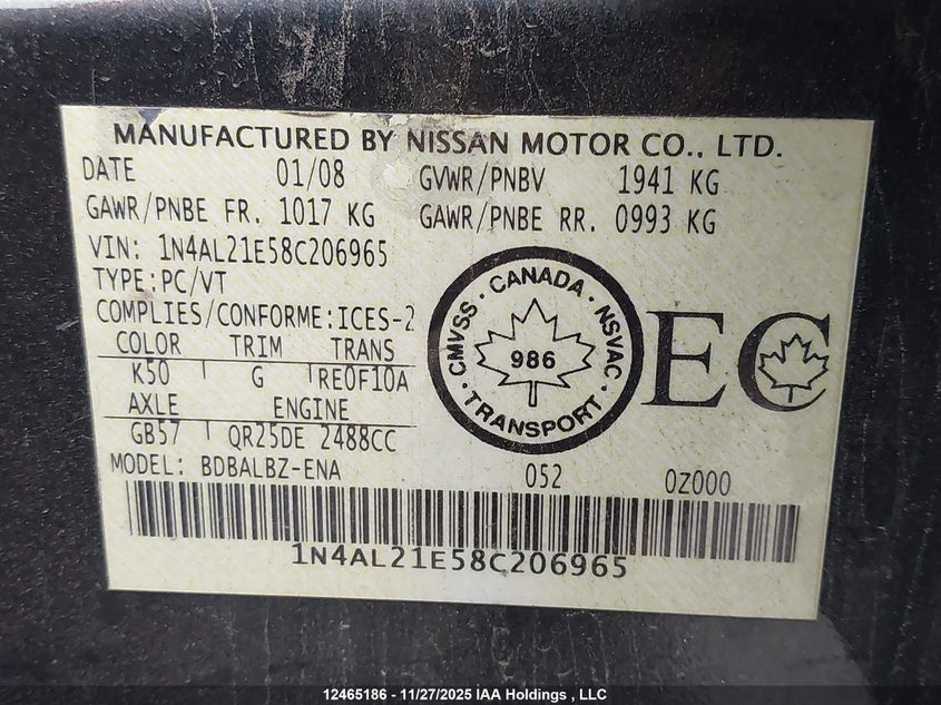 2008 Nissan Altima 2.5 S VIN: 1N4AL21E58C206965 Lot: 12465186X