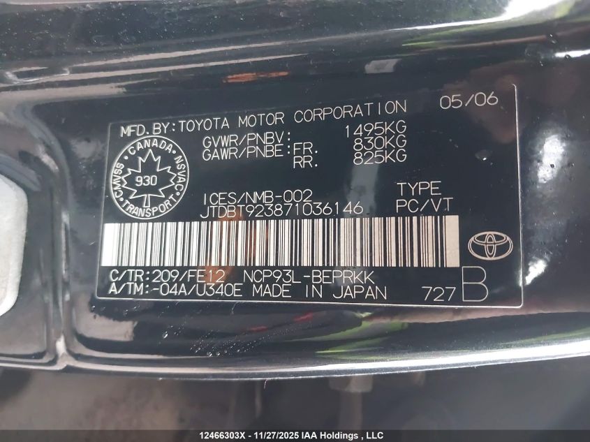 2007 Toyota Yaris VIN: JTDBT923871036146 Lot: 12466303X