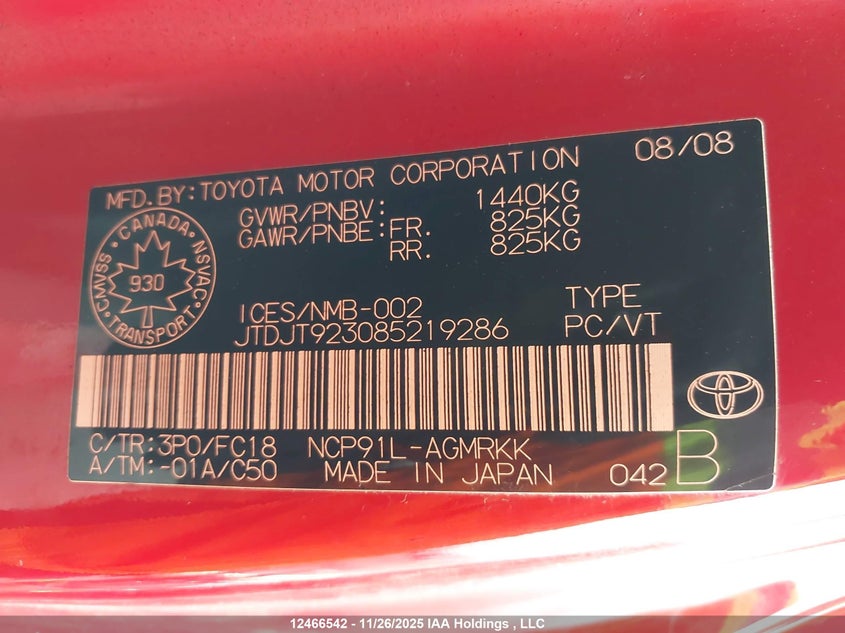 2008 Toyota Yaris Ce/Rs VIN: JTDJT923085219286 Lot: 12466542X