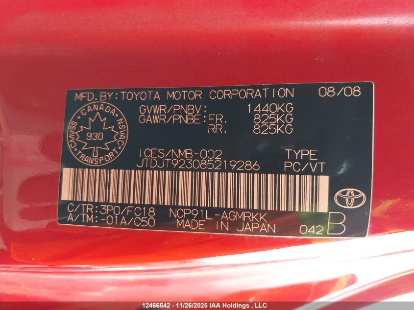 2008 Toyota Yaris Ce/Rs VIN: JTDJT923085219286 Lot: 12466542X