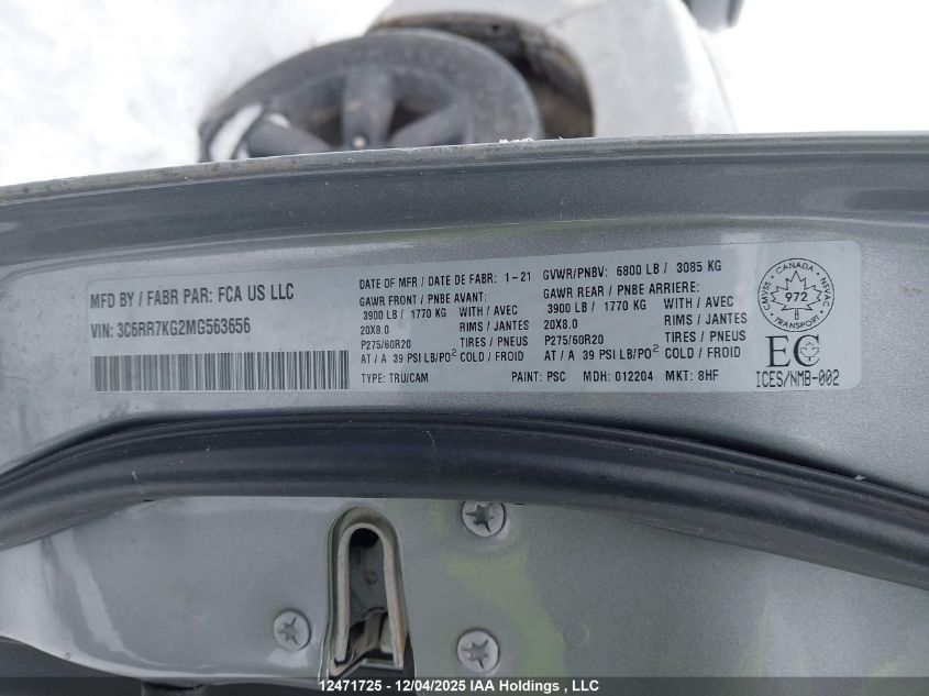 2021 Dodge Ram 1500 VIN: 3C6RR7KG2MG563656 Lot: 12471725