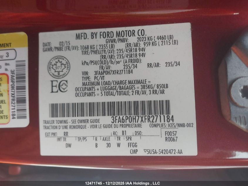 2015 Ford Fusion Se VIN: 3FA6P0H7XFR271184 Lot: 12471745