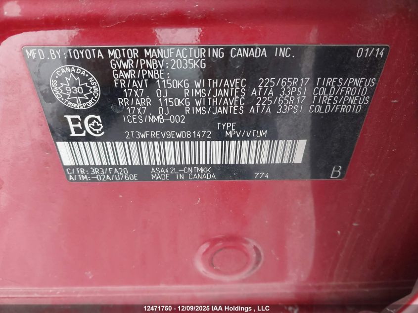 2014 Toyota Rav4 VIN: 2T3WFREV9EW081472 Lot: 12471750