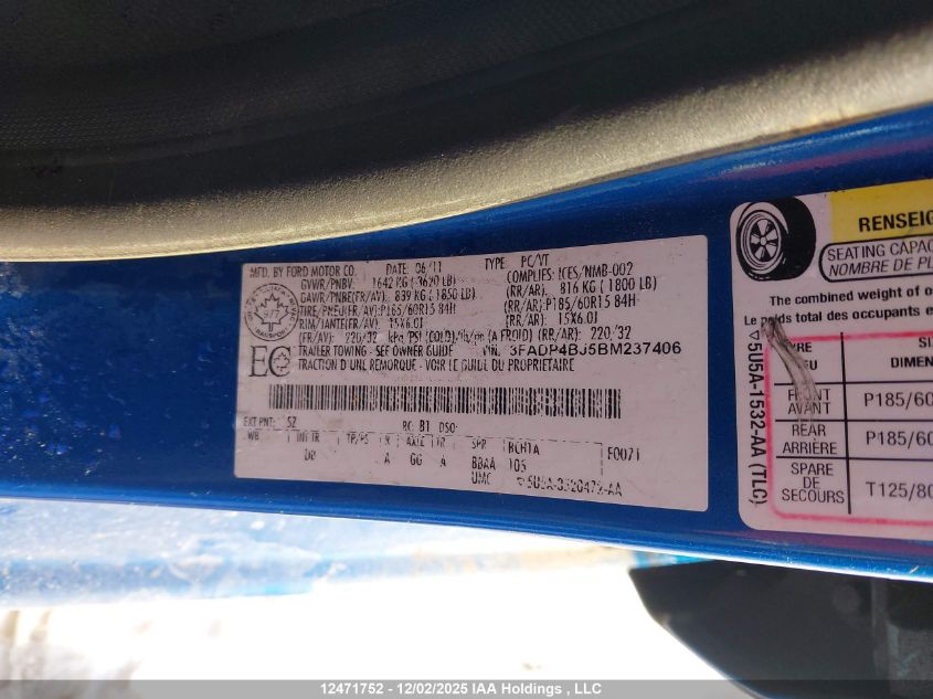 2011 Ford Fiesta Se VIN: 3FADP4BJ5BM237406 Lot: 12471752