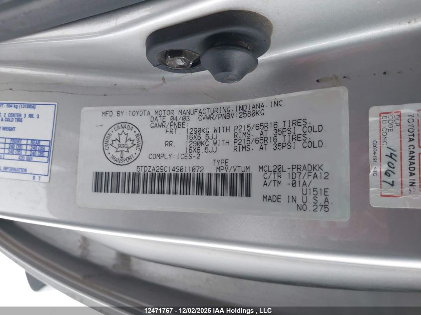 2004 Toyota Sienna Ce VIN: 5TDZA29C14S011072 Lot: 12471767