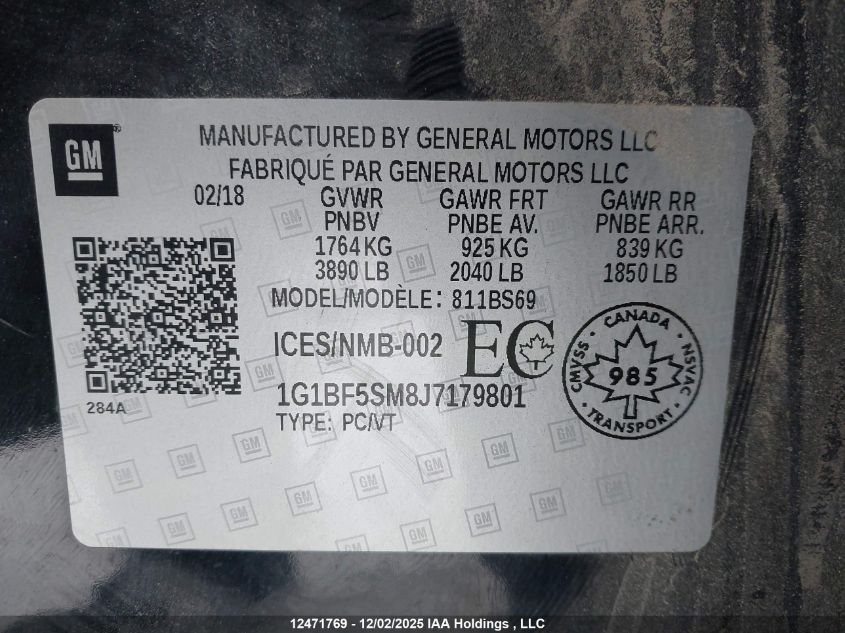 2018 Chevrolet Cruze Premier Auto VIN: 1G1BF5SM8J7179801 Lot: 12471769