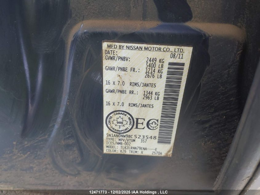 2011 Nissan Xterra X VIN: 5N1AN0NW9BC523548 Lot: 12471773