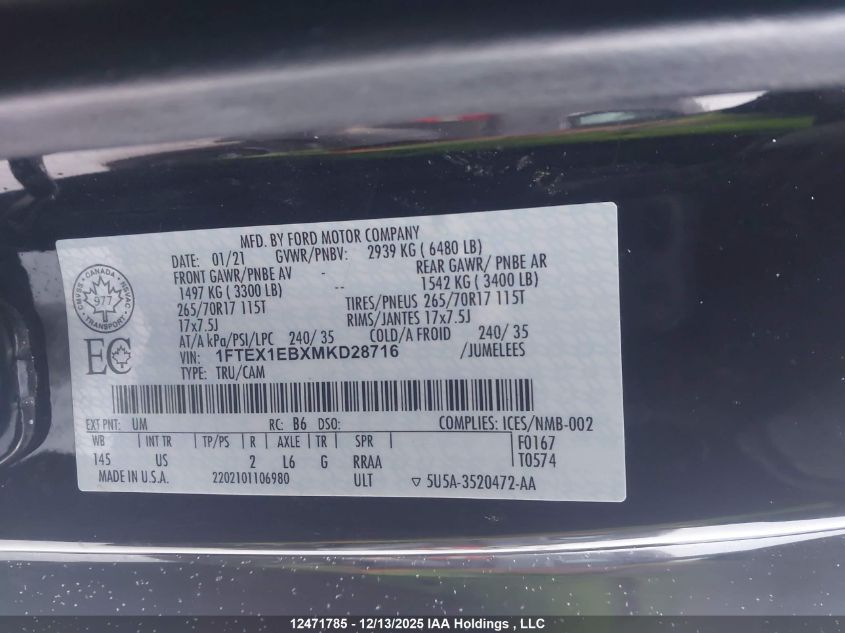 2021 Ford F150 Super Cab VIN: 1FTEX1EBXMKD28716 Lot: 12471785