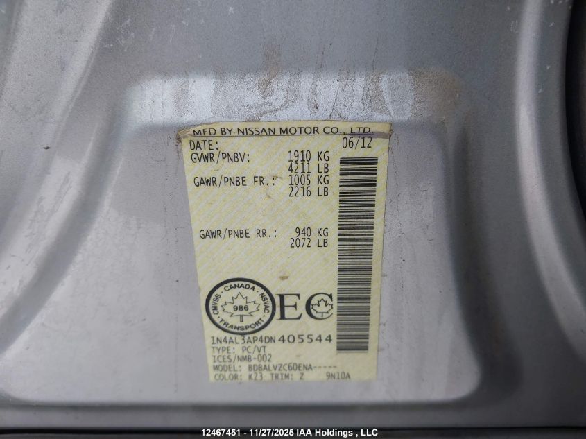 2013 Nissan Altima 2.5/2.5 S/2.5 Sl/2.5 Sv VIN: 1N4AL3AP4DN405544 Lot: 12467451X