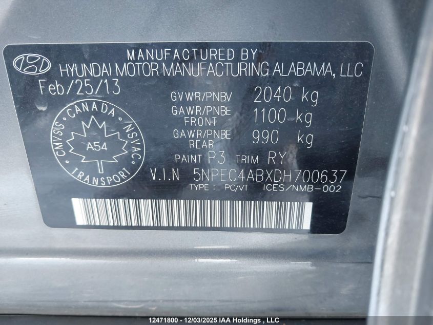 2013 Hyundai Sonata 2.0T Limited VIN: 5NPEC4ABXDH700637 Lot: 12471800