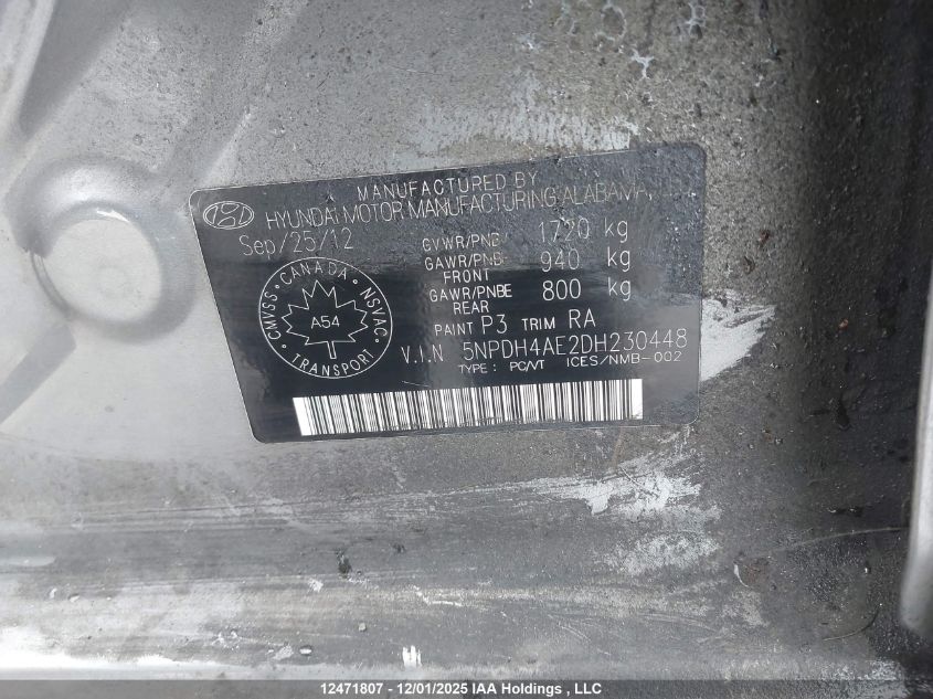2013 Hyundai Elantra Gl VIN: 5NPDH4AE2DH230448 Lot: 12471807