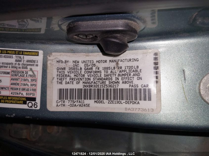 2005 Toyota Corolla Ce/S/Le VIN: 1NXBR32E15Z536217 Lot: 12471824