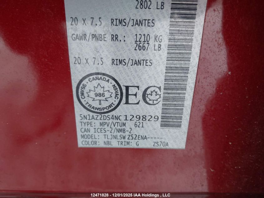 2022 Nissan Murano Platinum VIN: 5N1AZ2DS4NC129829 Lot: 12471828