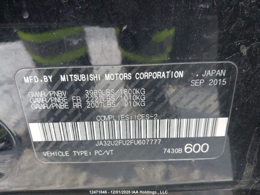 2015 Mitsubishi Lancer Gt/Se VIN: JA32U2FU2FU607777 Lot: 12471845