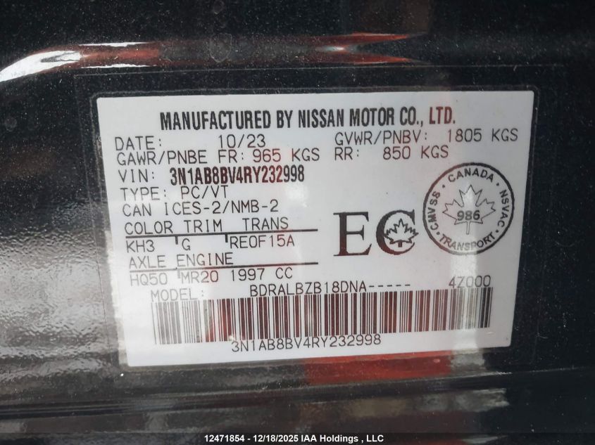 2024 Nissan Sentra S/S Plus VIN: 3N1AB8BV4RY232998 Lot: 12471854