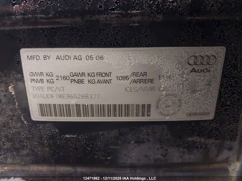 2006 Audi A4 2.0T VIN: WAUDF78E36A288377 Lot: 12471862