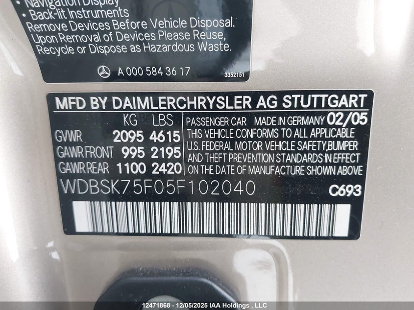 WDBSK75F05F102040 2005 MERCEDES-BENZ SL-KLASSE photo no. 9