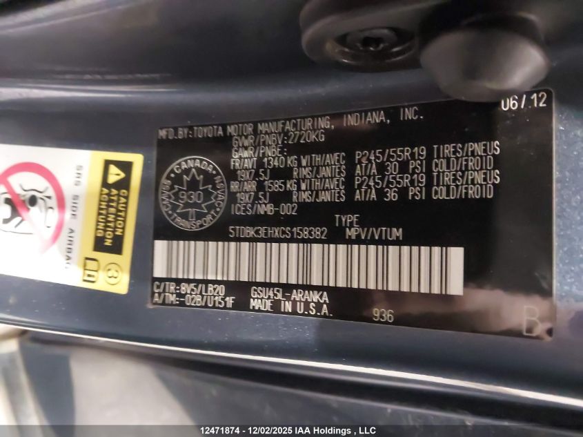 2012 Toyota Highlander Se VIN: 5TDBK3EHXCS158382 Lot: 12471874