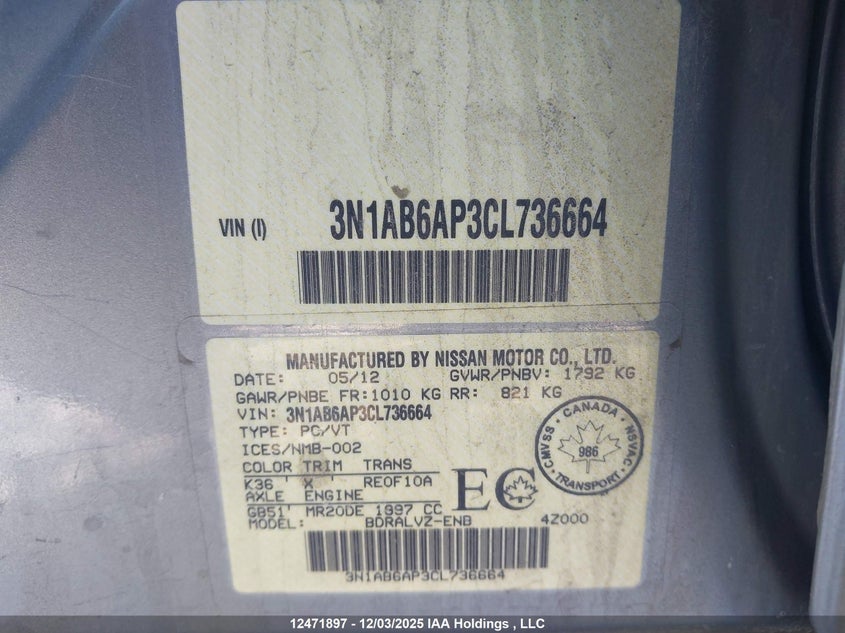 3N1AB6AP3CL736664 2012 NISSAN SENTRA photo no. 9