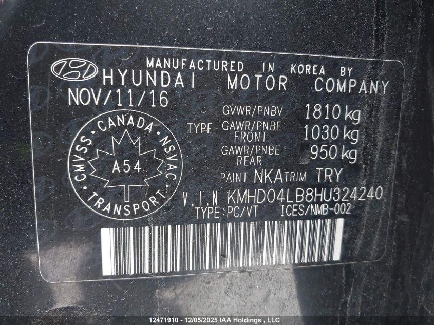 2017 Hyundai Elantra Sport VIN: KMHD04LB8HU324240 Lot: 12471910