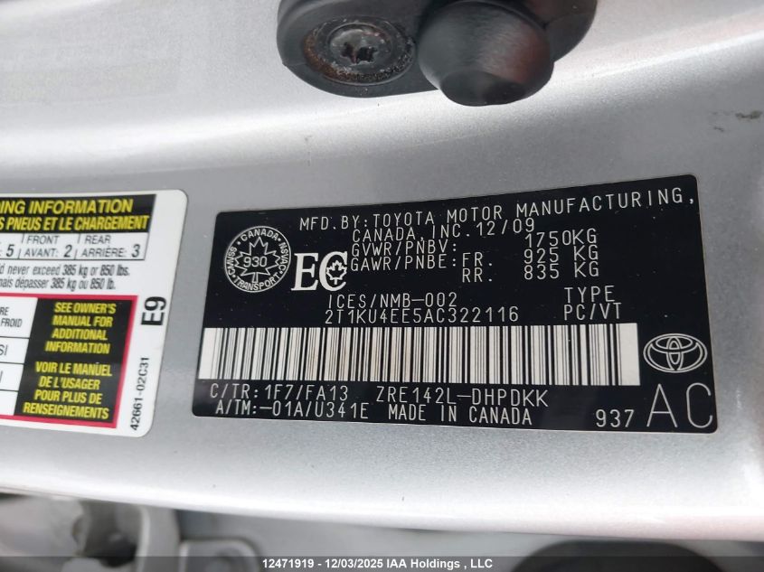 2010 Toyota Matrix Wagon VIN: 2T1KU4EE5AC322116 Lot: 12471919