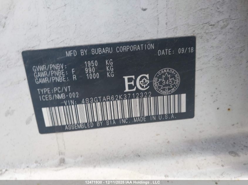 2019 Subaru Impreza Sport-Tech VIN: 4S3GTAR62K3712322 Lot: 12471930