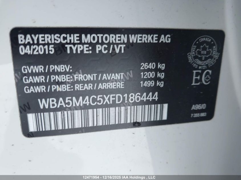 2015 BMW 535I Gran Turismo xDrive VIN: WBA5M4C5XFD186444 Lot: 12471954