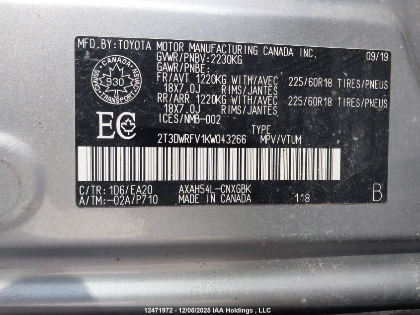 2019 Toyota Rav4 VIN: 2T3DWRFV1KW043266 Lot: 12471972
