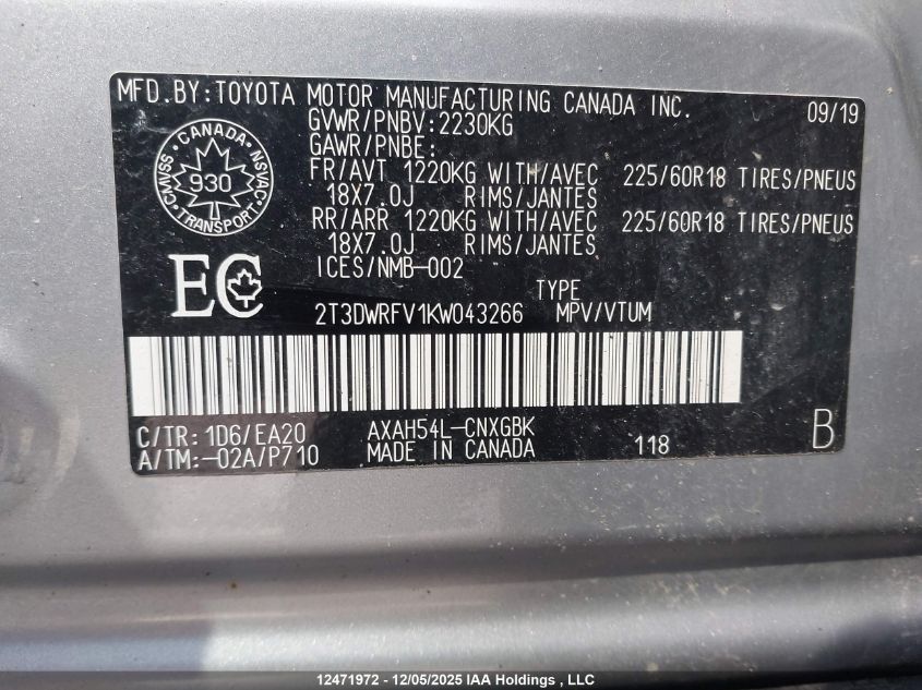 2019 Toyota Rav4 VIN: 2T3DWRFV1KW043266 Lot: 12471972