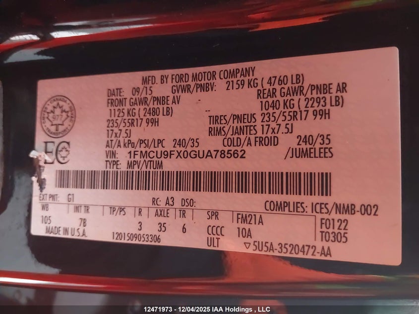 1FMCU9FX0GUA78562 2016 FORD ESCAPE photo no. 18