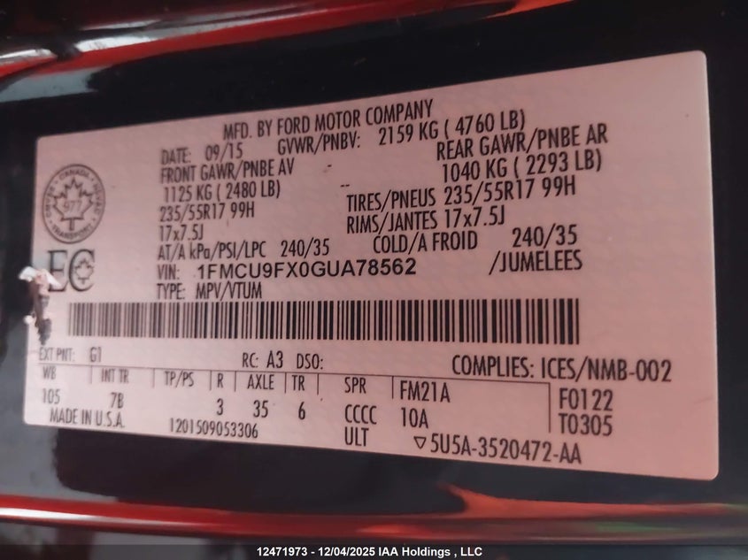1FMCU9FX0GUA78562 2016 FORD ESCAPE photo no. 9