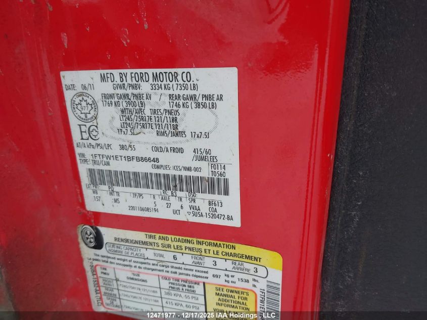 2011 Ford F-150 Xlt VIN: 1FTFW1ET1BFB86648 Lot: 12471977