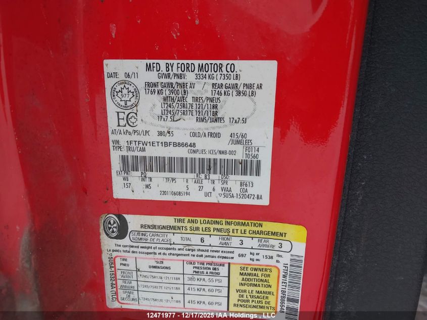 2011 Ford F-150 Xlt VIN: 1FTFW1ET1BFB86648 Lot: 12471977