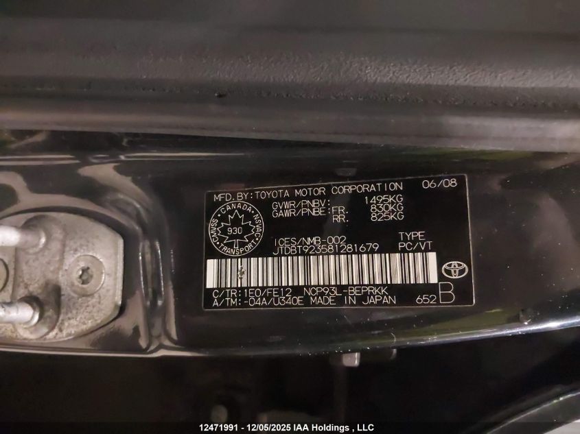 2008 Toyota Yaris VIN: JTDBT923581281679 Lot: 12471991