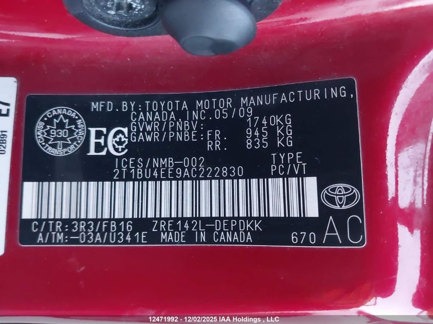 2010 Toyota Corolla S/Le/Xle VIN: 2T1BU4EE9AC222830 Lot: 12471992