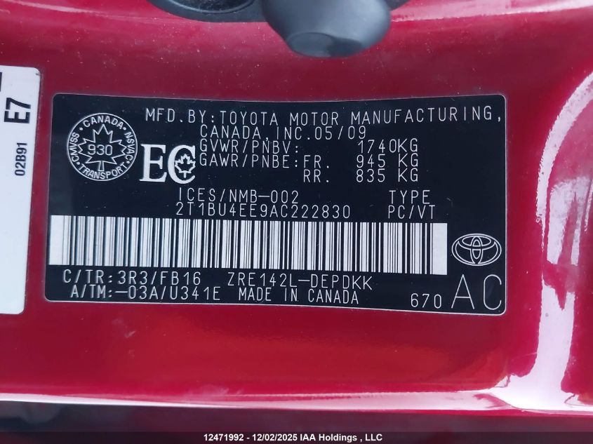 2010 Toyota Corolla S/Le/Xle VIN: 2T1BU4EE9AC222830 Lot: 12471992