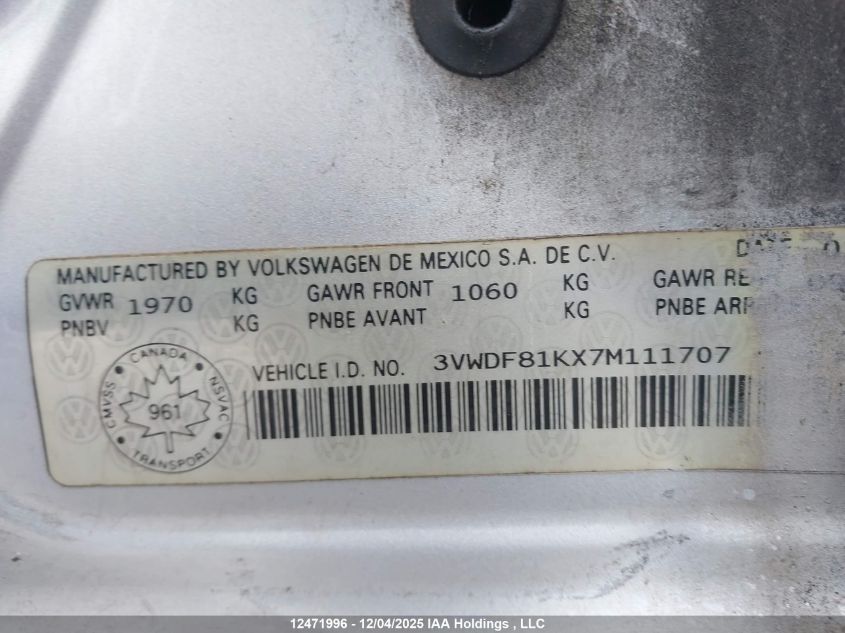 2007 Volkswagen Jetta 2.5 VIN: 3VWDF81KX7M111707 Lot: 12471996