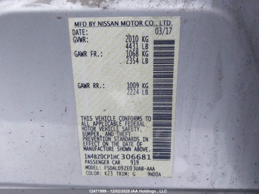 2017 Nissan Leaf S/Sv/Sl VIN: 1N4BZ0CP1HC306681 Lot: 12471999