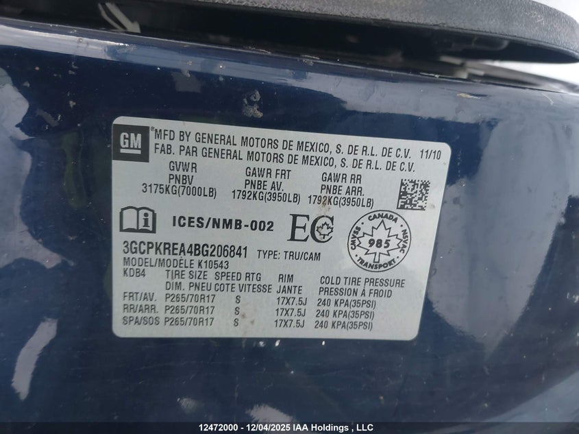 2011 Chevrolet Silverado 1500 Ls VIN: 3GCPKREA4BG206841 Lot: 12472000