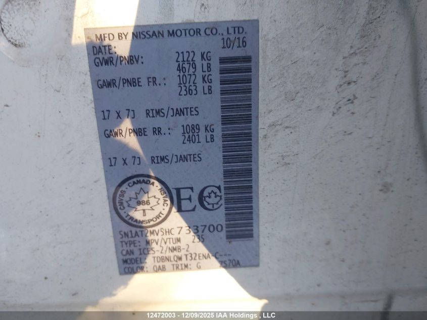 2017 Nissan Rogue Sv/Sl VIN: 5N1AT2MV5HC733700 Lot: 12472003
