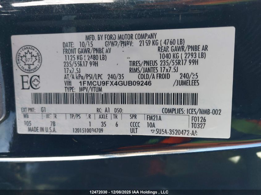 2016 Ford Escape S VIN: 1FMCU9FX4GUB09246 Lot: 12472030