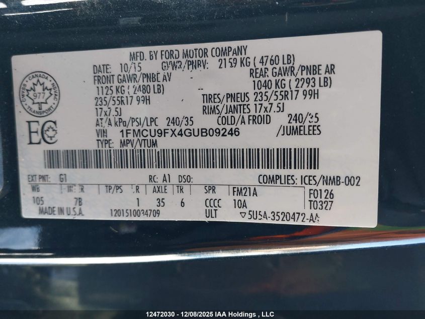 2016 Ford Escape S VIN: 1FMCU9FX4GUB09246 Lot: 12472030