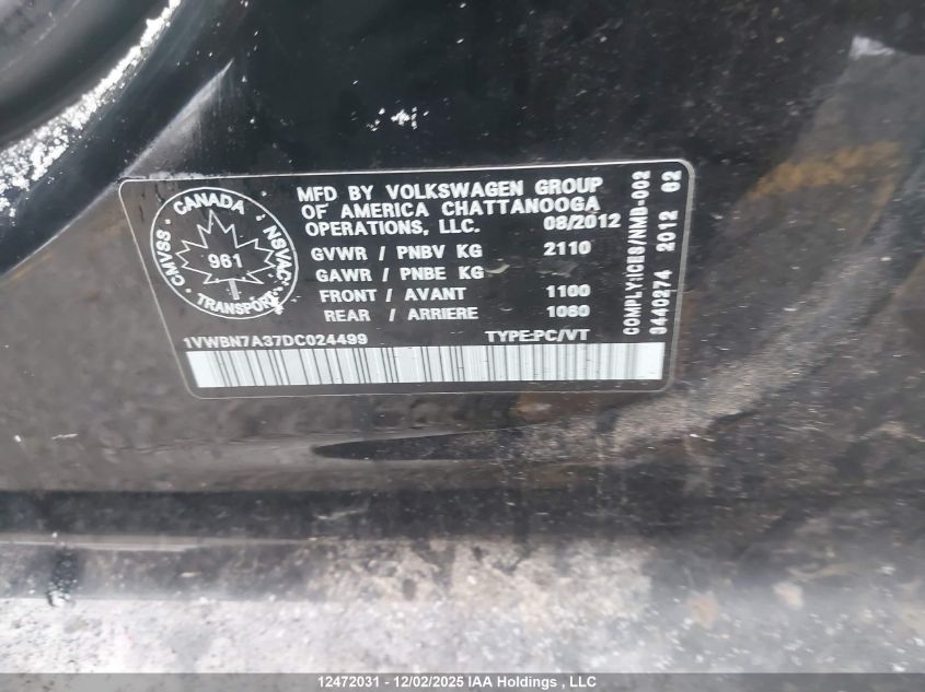 2013 Volkswagen Passat VIN: 1VWBN7A37DC024499 Lot: 12472031