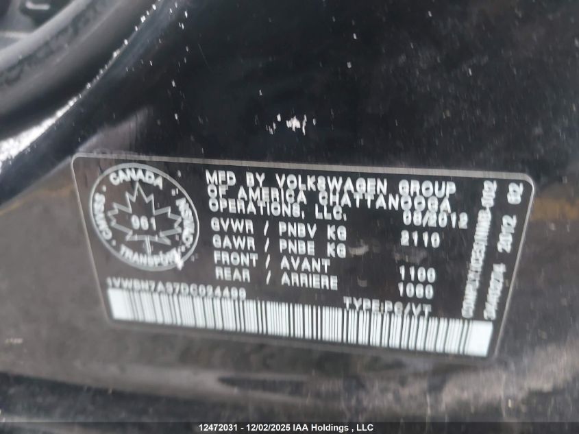 2013 Volkswagen Passat VIN: 1VWBN7A37DC024499 Lot: 12472031