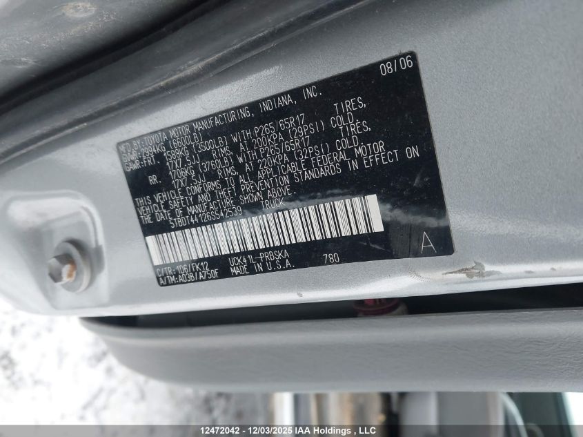 2006 Toyota Tundra Double Cab Sr5 VIN: 5TBDT44126S542539 Lot: 12472042