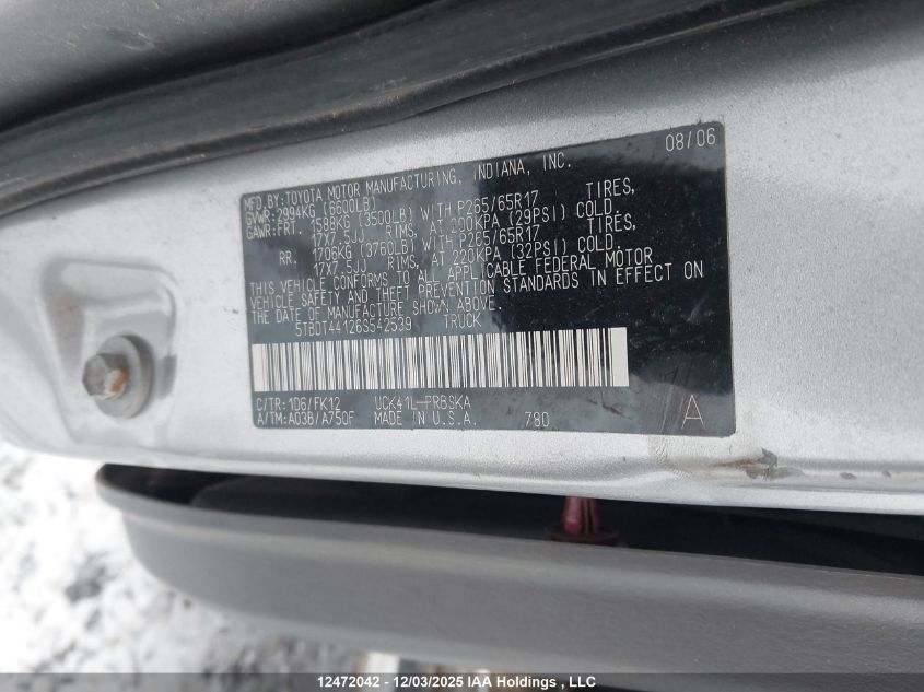 2006 Toyota Tundra Double Cab Sr5 VIN: 5TBDT44126S542539 Lot: 12472042