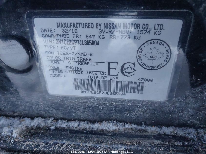 2018 Nissan Versa VIN: 3N1CE2CP7JL365804 Lot: 12472046