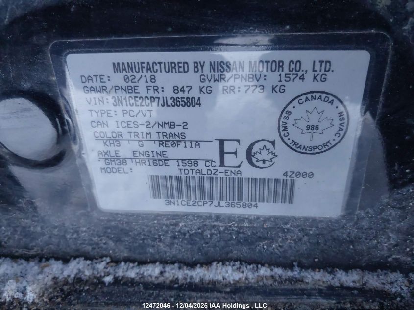 2018 Nissan Versa VIN: 3N1CE2CP7JL365804 Lot: 12472046