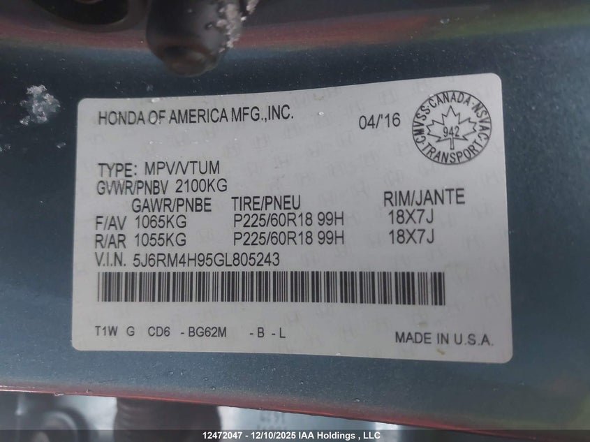 5J6RM4H95GL805243 2016 HONDA CR-V photo no. 9